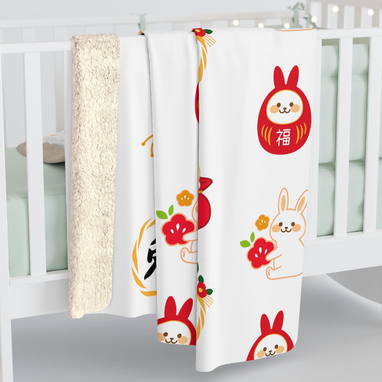 Year of the Rabbit Sherpa Fleece Blanket - White