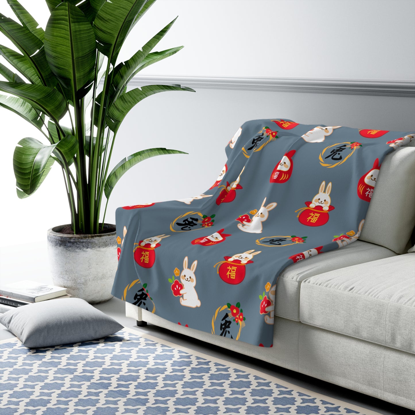 Year of the Rabbit Sherpa Fleece Blanket - Blue Prince