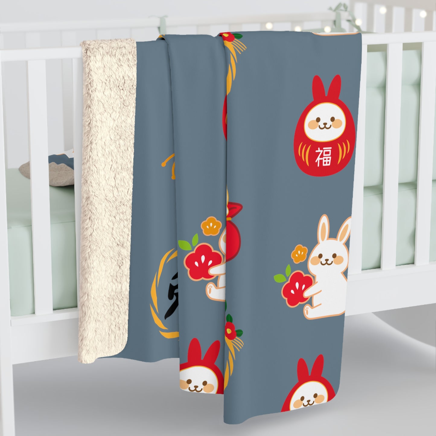 Year of the Rabbit Sherpa Fleece Blanket - Blue Prince